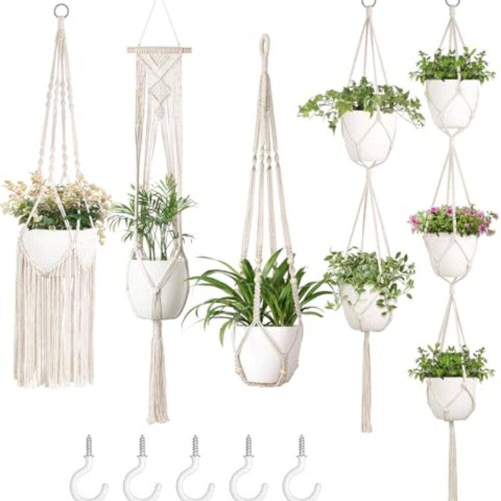 Macrame Plant Hangers, 5 Pack Different Tiers Indoor Hanging Planters Basket wit